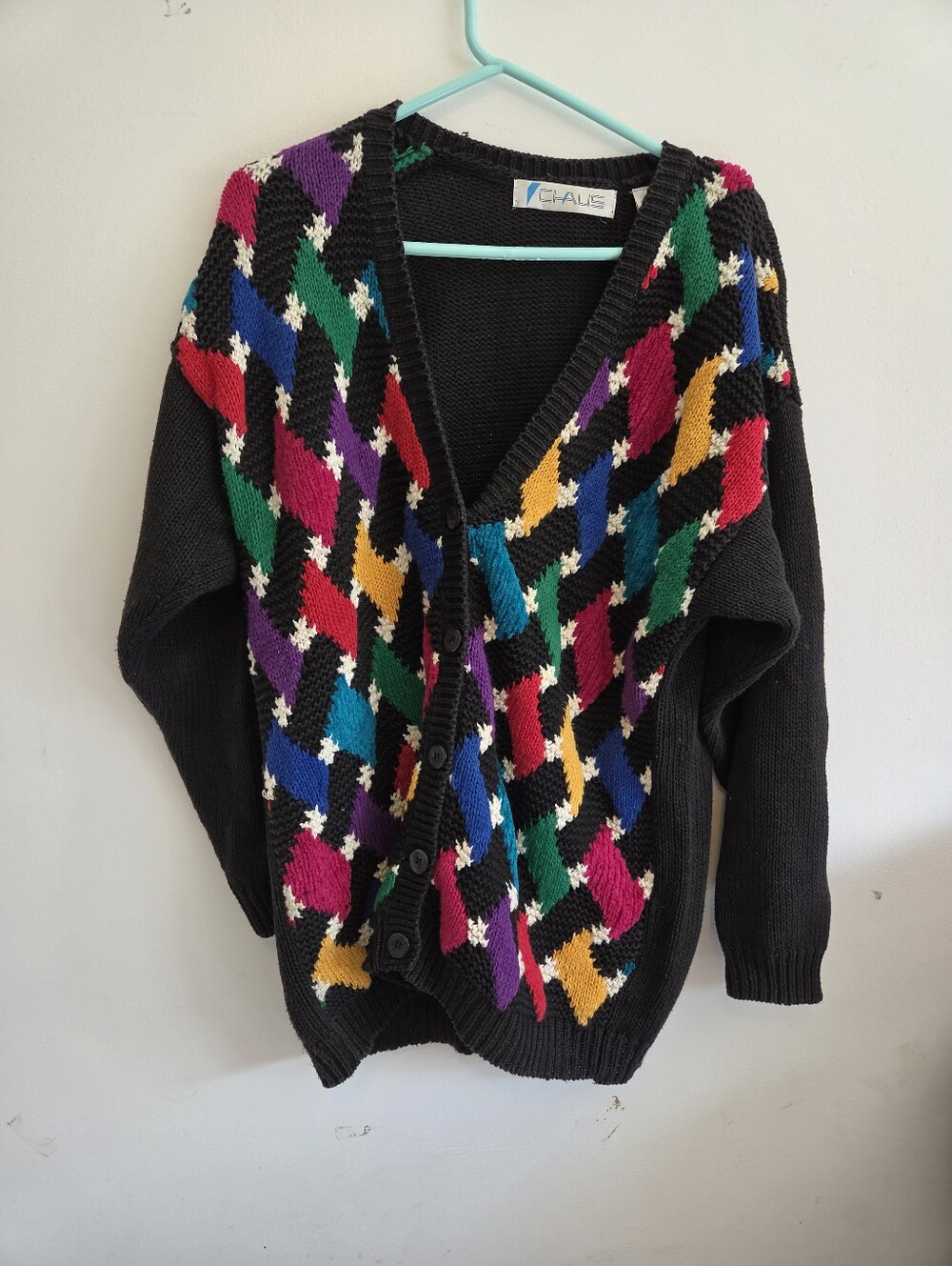 Vinage Chaus Black Multicolor Geometric Button-Front Cardigan